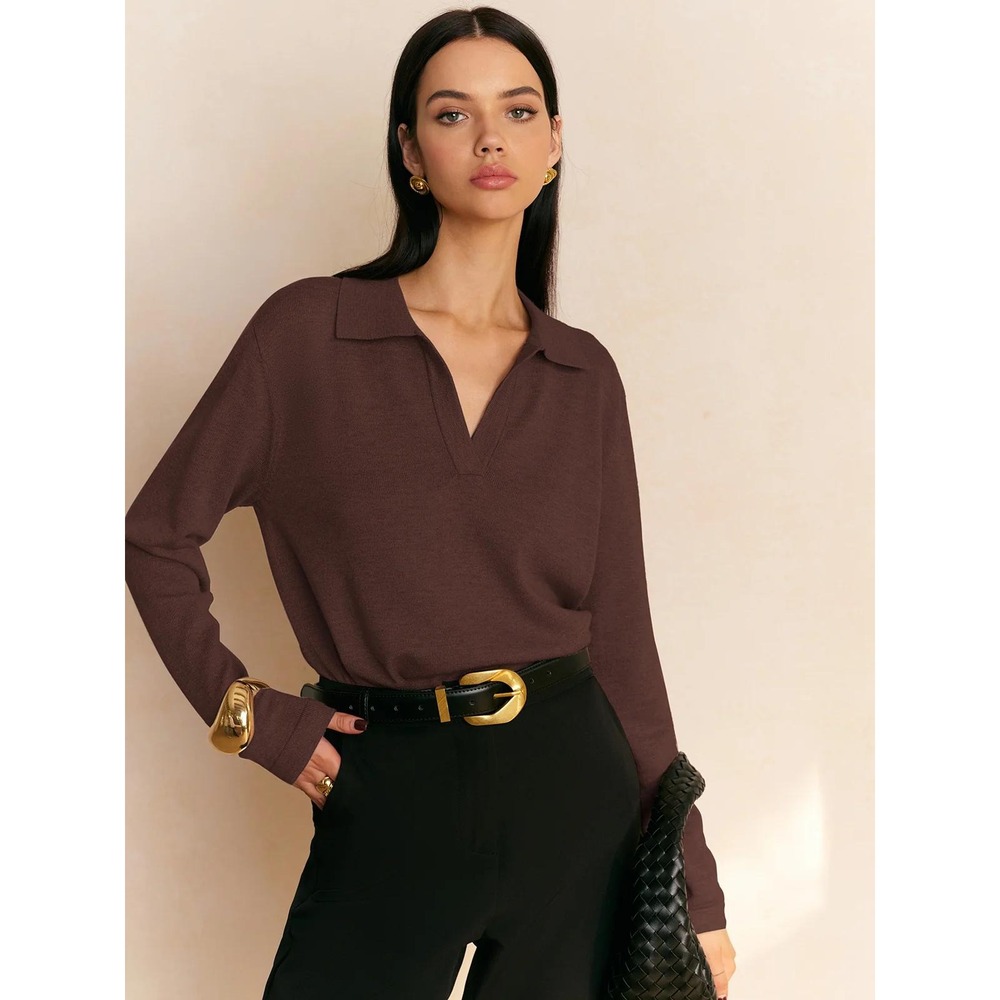 COMMENSE Brown Knit Polo Top Long Sleeve Open V Neck Women's Medium M NWT